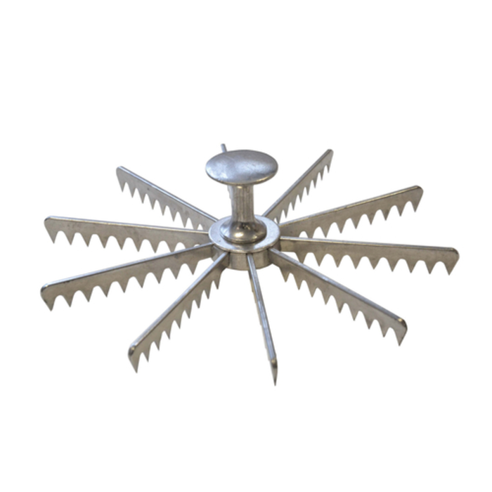 Alt Tag: Omcan 34865 Aluminum Reversible 10/12 Slice Pie Cake Portioning Tool with serrated blades for uniform pie, cake, and pizza slices