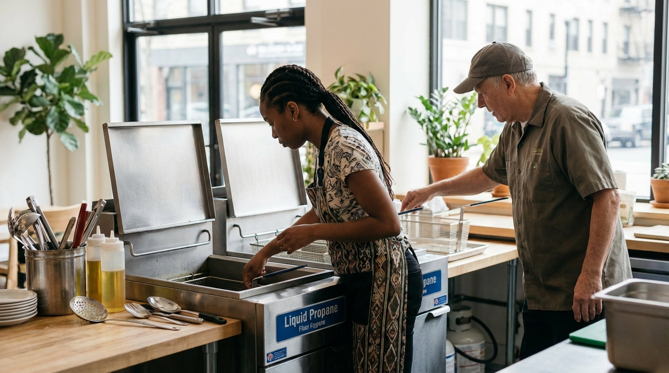 Restaurant kitchen staff using liquid propane equipment at stainless steel workstations