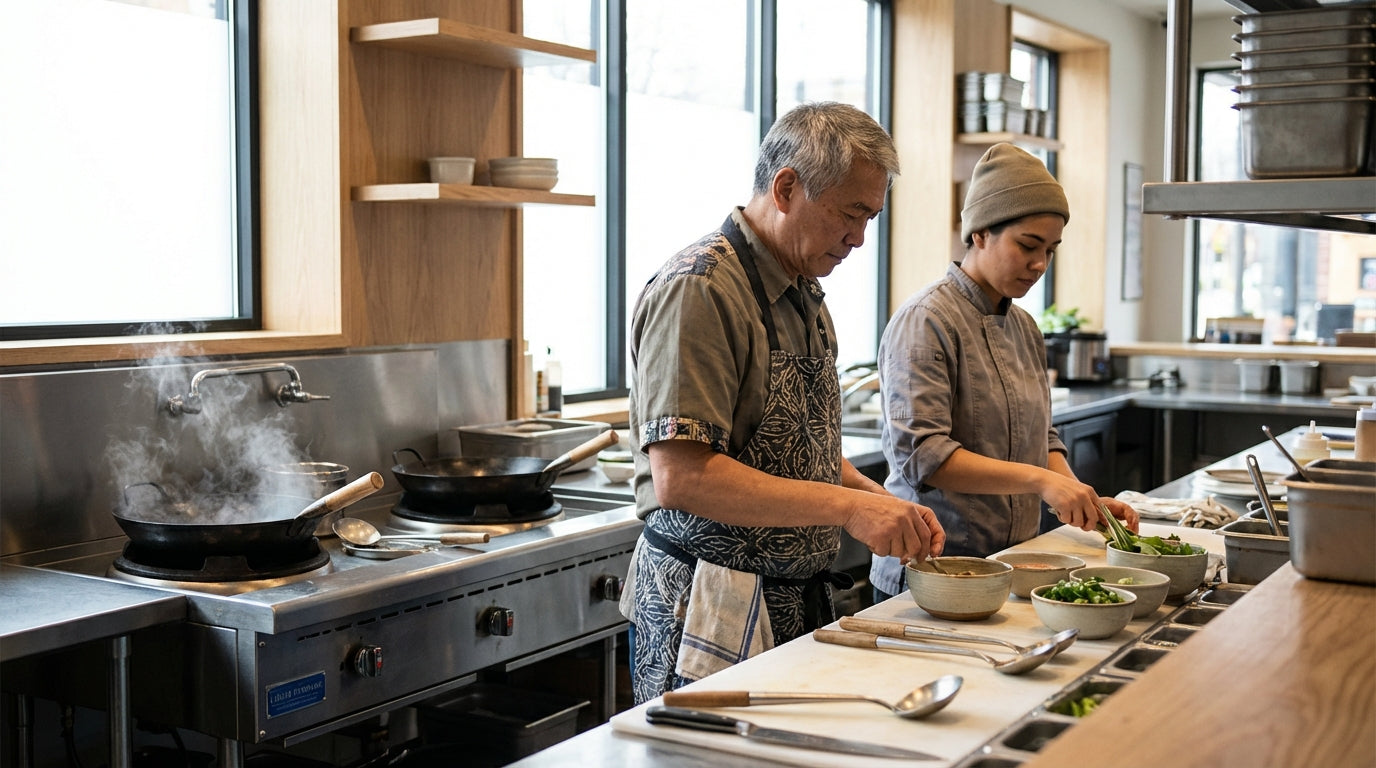 Two chefs preparing fresh dishes in a modern commercial kitchen with steaming pots and plated ingredients
