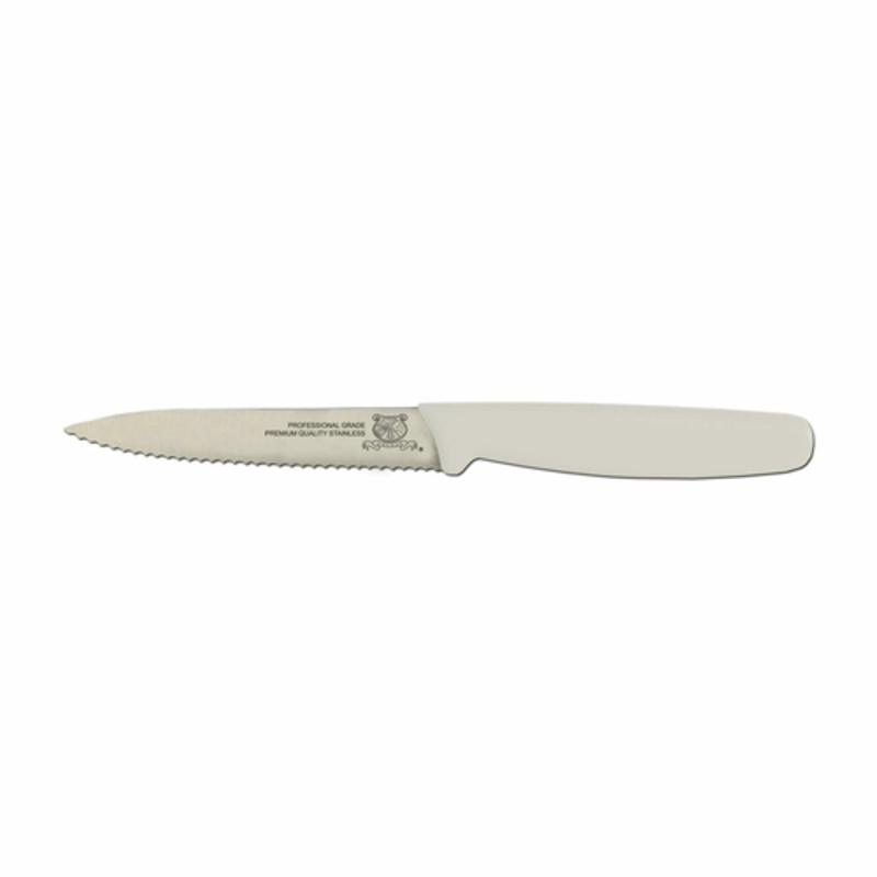 Alt Tag: Omcan 11499 3.25-inch Stainless Steel Paring Knife with Ergonomic Handle, white handle serrated blade
