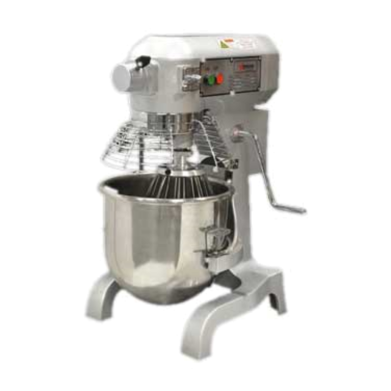 Alt Tag: Omcan 20441 Commercial 20 Quart Planetary Stand Mixer for Bakeries with stainless steel bowl and wire guard, commercial bakery mixer