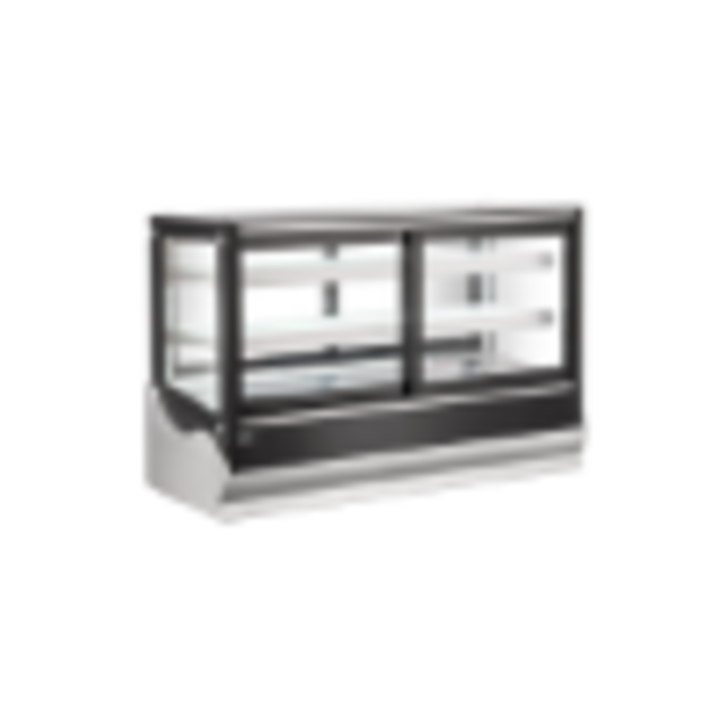 Alt Tag: OMCAN 48566 60-inch Refrigerated Self-Service Countertop Display Case Black square glass bakery deli display case, black finish