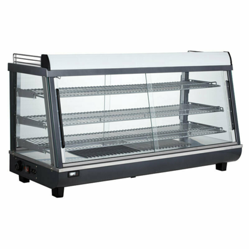 Omcan 44438 27.5-inch Countertop Heated Deli Display Case commercial glass countertop warmer with shelves