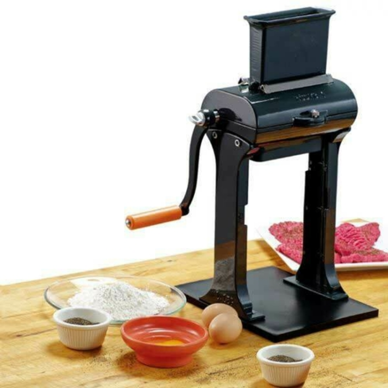 Omcan Manual Meat Tenderizer And Slicer Preparing Meat For Cooking On A Wooden Surface With Ingredients