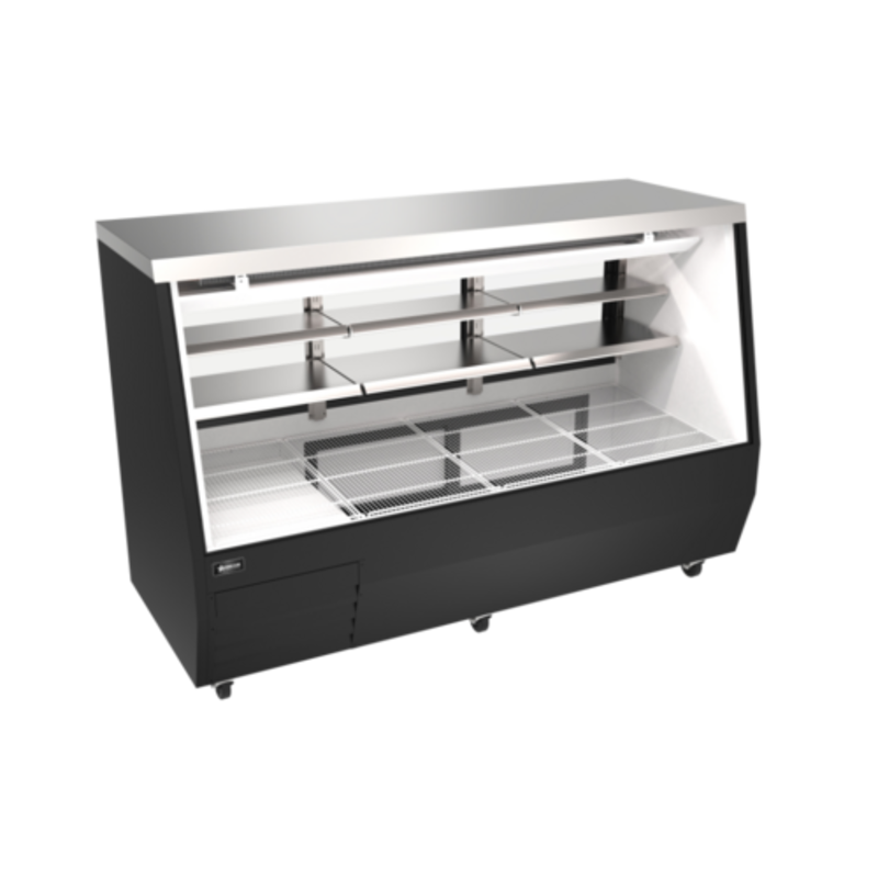Refrigerated Deli Display Case With Black Glass Design And Shelves For Attractive Showcase Of Deli Products