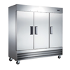 Three Door Reach-In Refrigerator With Solid Stainless Steel Construction And Rolling Casters For Easy Mobility.