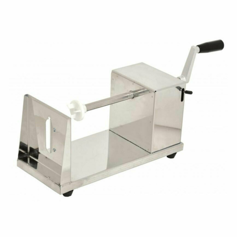 Alt Tag: Omcan 42159 Professional Fruit Vegetable Turning Slicer for Culinary Prep stainless steel hand-crank slicer for decorative garnishes