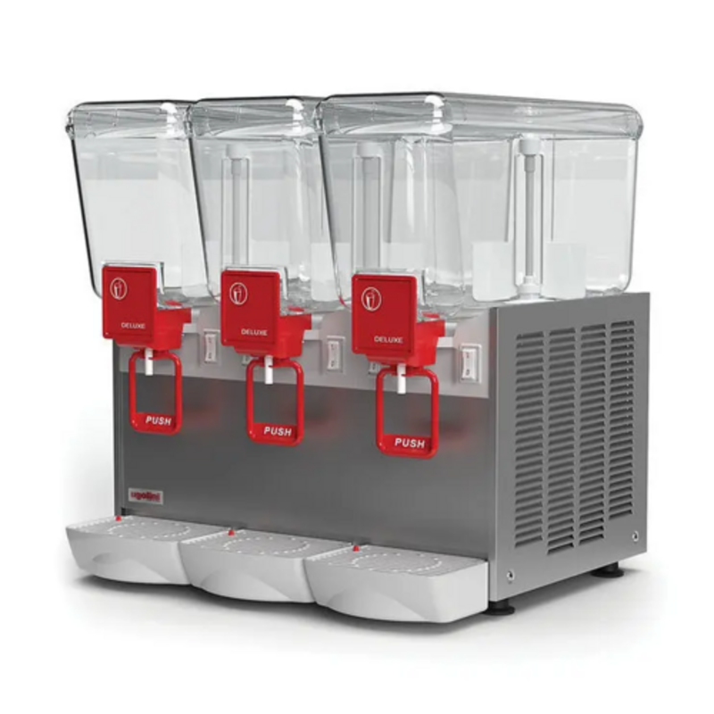 Alt Tag: Ugolini 49089 16 Gallon Three Bowl Cold Beverage Juice Dispenser with three clear bowls and red push levers, Arctic Deluxe