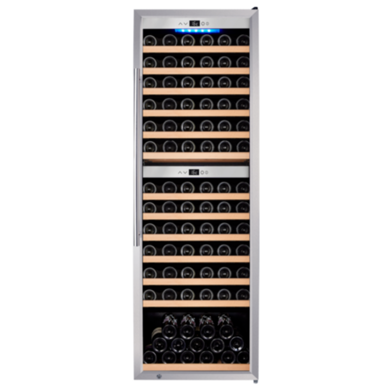 OMCAN 48526 25-inch 126 Bottle Dual Zone Steel Wine Cooler with stainless steel door and wood shelves