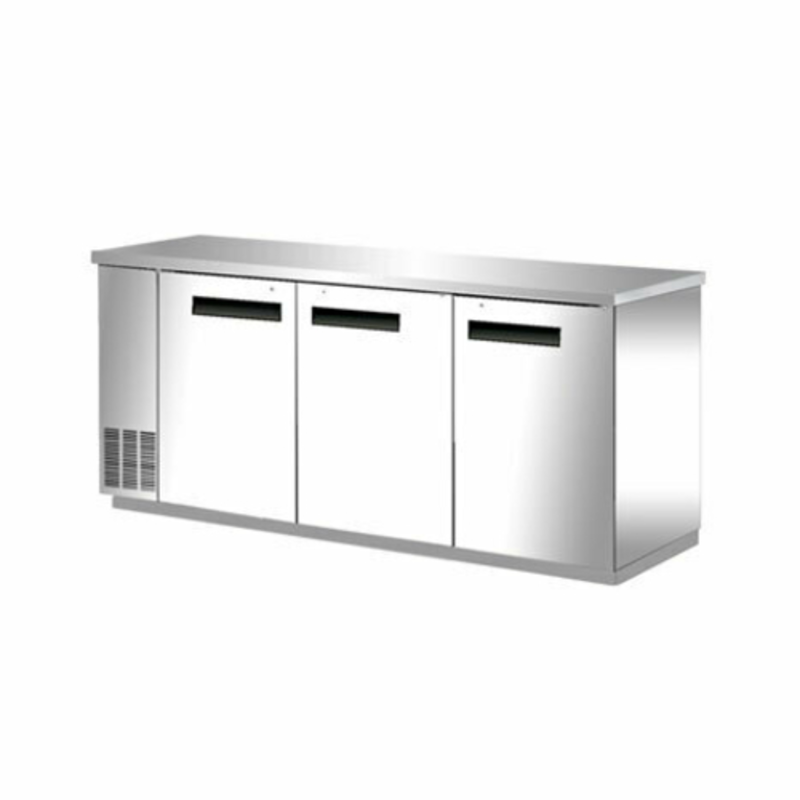 Three-Section Back Bar Cooler With Solid Doors And Stainless Steel Finish For Beverage Storage