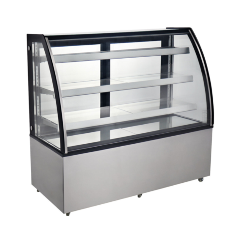 Curved Glass Refrigerated Display Case With Curved Glass Design And Multiple Shelves For Product Visibility.