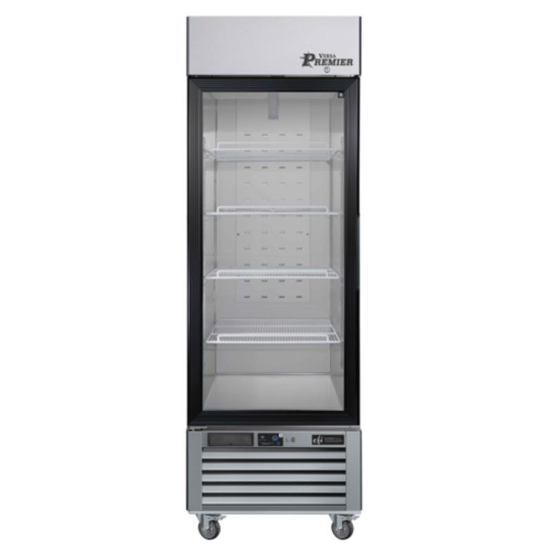 27 Inch Glass Door Merchandiser Refrigerator With Three Shelves And A Sleek Silver Design