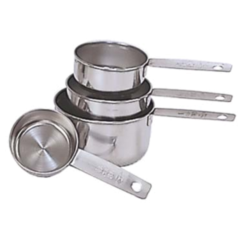 Stainless Steel Measuring Cup Set In Nestable Design With Four Sizes: 1/4 Cup, 1/3 Cup, 1/2 Cup, 1 Cup.