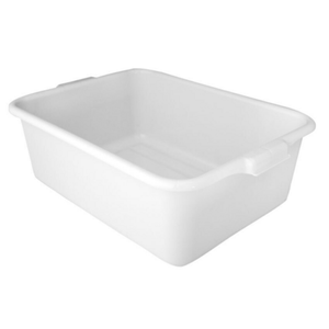 Alt Tag: Omcan 80894 21.5″ x 15.5″ x 7″ Standard Polypropylene White Bus Box, durable commercial kitchen utility tub for bussing and storage