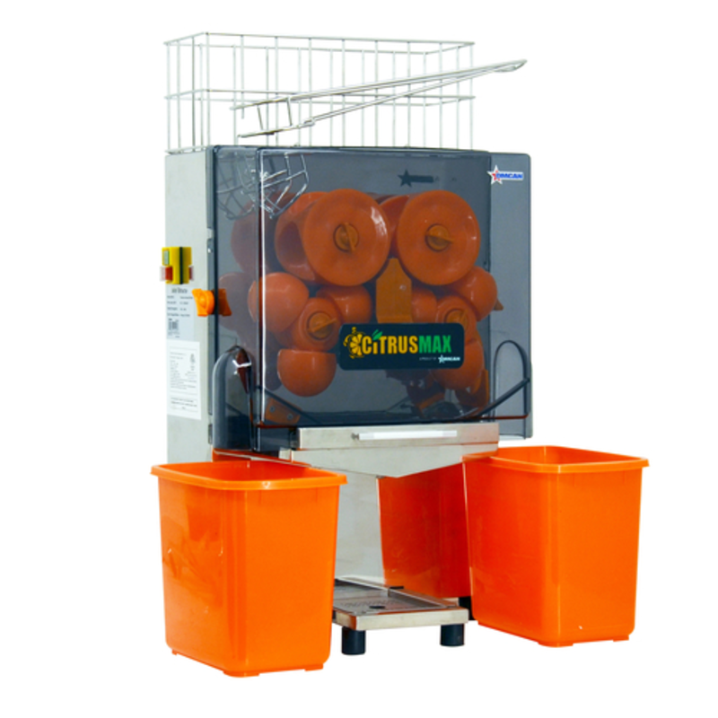 Omcan 44228 Commercial Electric Citrus Juicer With Two Orange Containers Ready For Fresh Juice Production