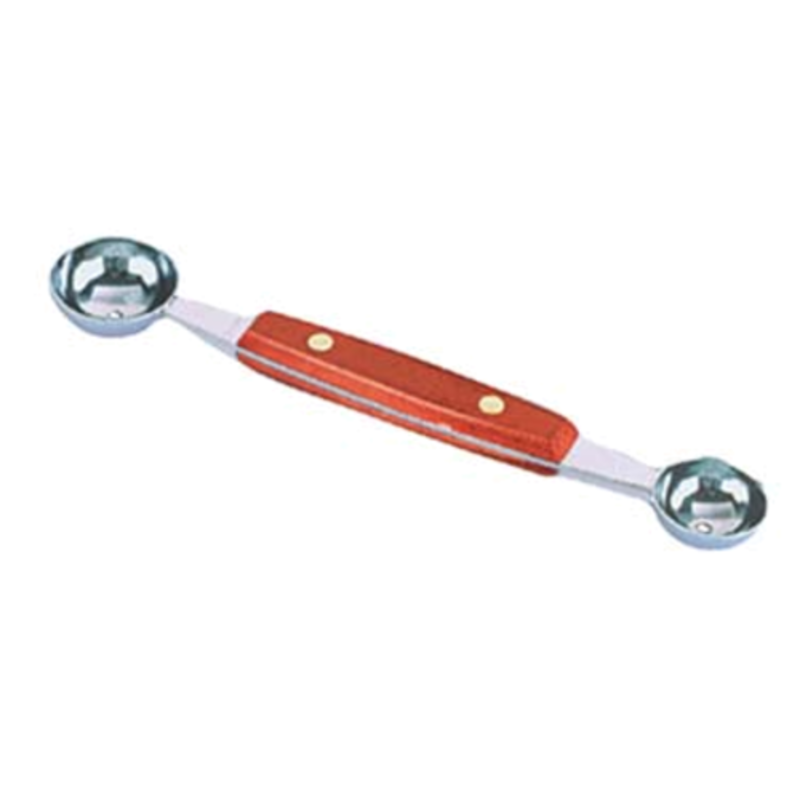 Double Scoop Melon Baller Set With Hardwood Handle And Chrome Plated Spoons For Fruit Preparation