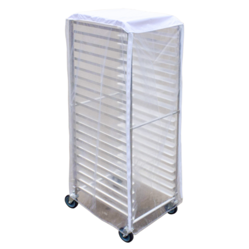 Omcan 47736 Clear Plastic Bun Pan Rack Cover 23-Inch clear protective cover on wheeled bun pan rack for commercial kitchens