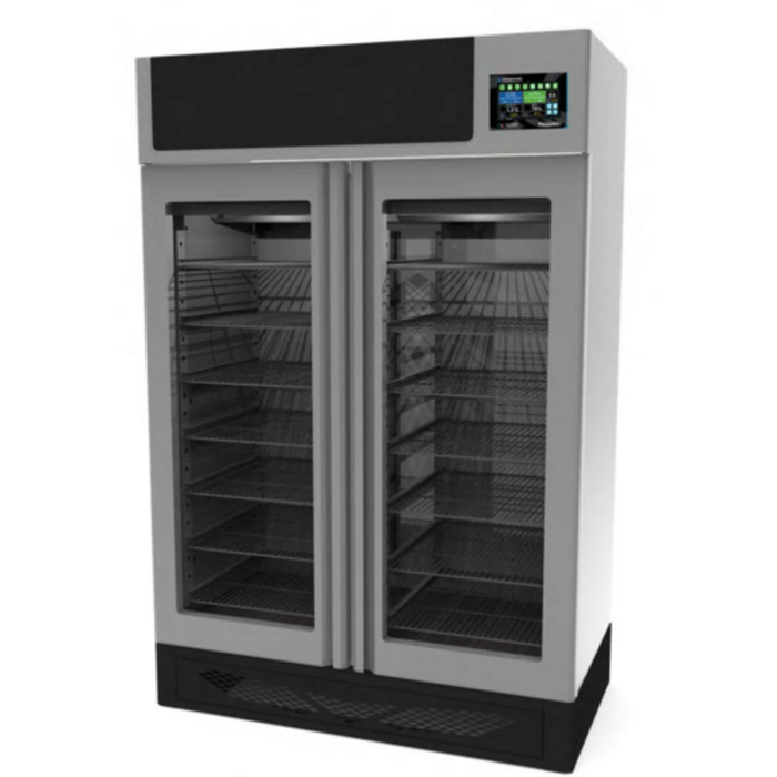 Alt Tag: Omcan 49004 57.7-Inch Pesciugatore Fish Curing and Aging Cabinet double glass door curing cabinet with digital controls