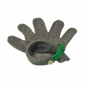 Omcan 44353 Cut Resistant Safety Glove Medium Gray ANSI A4 medium gray chainmail cut-resistant kitchen safety glove with green wrist strap