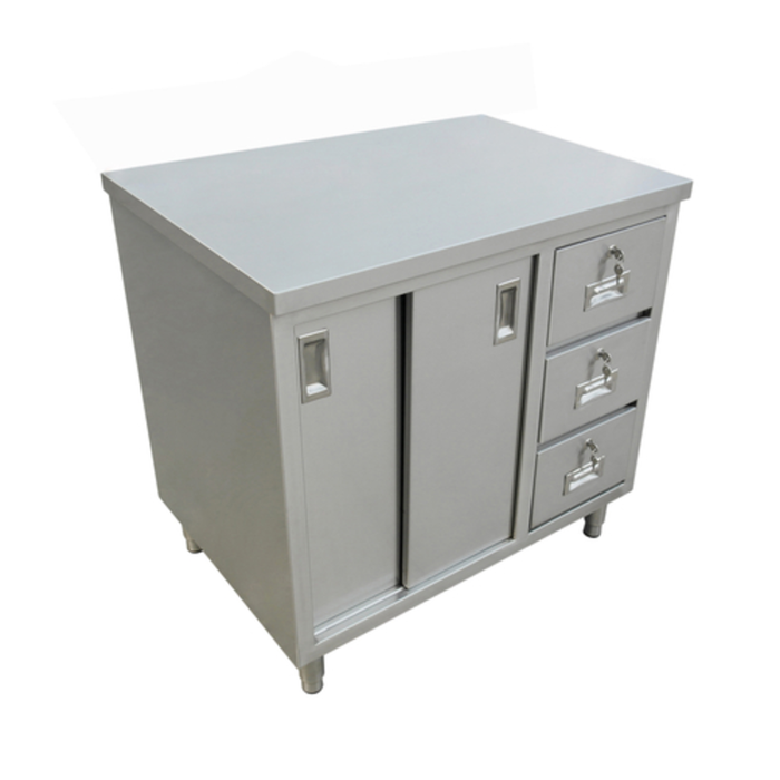 Omcan 44195 72-inch Stainless Steel Work Table Cabinet Base with Sliding Doors and Drawers.