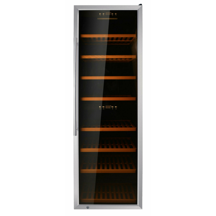 OMCAN 45258 Vinovero 27-Inch 180 Bottle Dual Zone Wine Cooler with stainless steel glass door and wooden shelves, front view