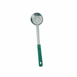 Alt Tag: Omcan 80784 2 Ounce Capacity Stainless Steel Portion Control Spoon with green handle for precise 2 oz portioning