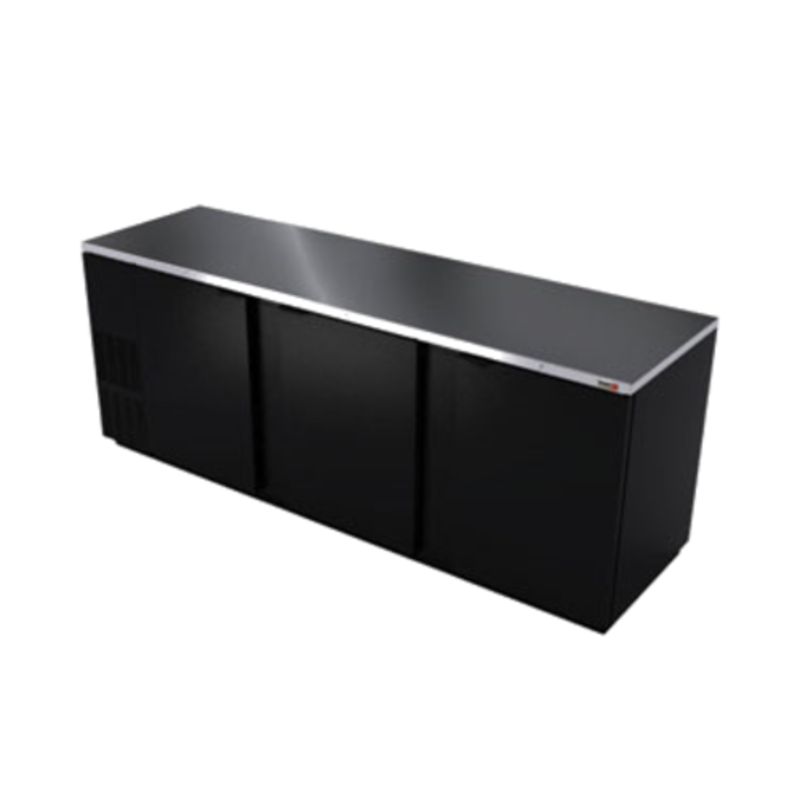 Refrigerated Back Bar Cooler 1302 Can Capacity Featuring A Sleek Black Vinyl Design And Durable Stainless Steel Top