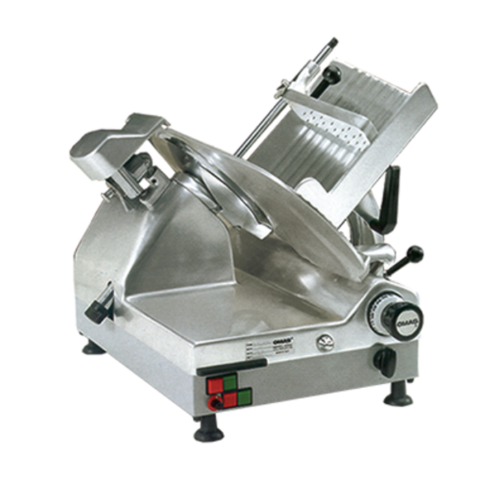 Alt Tag: Trento 13645 13-inch Blade Automatic Gear-Driven Heavy-Duty Slicer, Italian-made commercial meat slicer with anodized aluminum body
