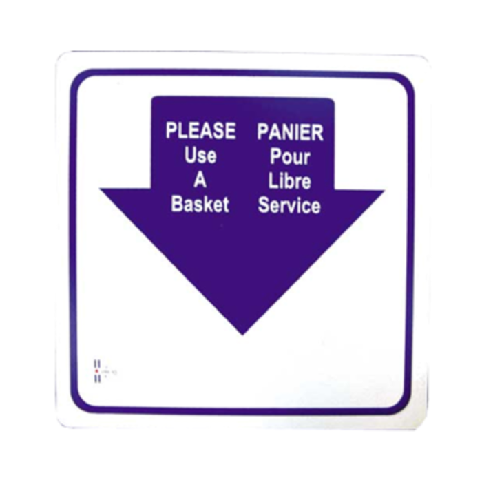 Alt Tag: Omcan 13043 Bilingual English/Spanish Please Use A Basket Sign with purple arrow, “Please Use A Basket” and bilingual text