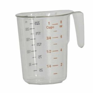 Alt Tag: Omcan 80570 4-Piece Stainless Steel Measuring Cup Set (1/4 to 1 Cup Capacity) clear measuring cup with handle and ounce markings