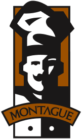 Logo with a stylized face and 'Montague' text on a black background