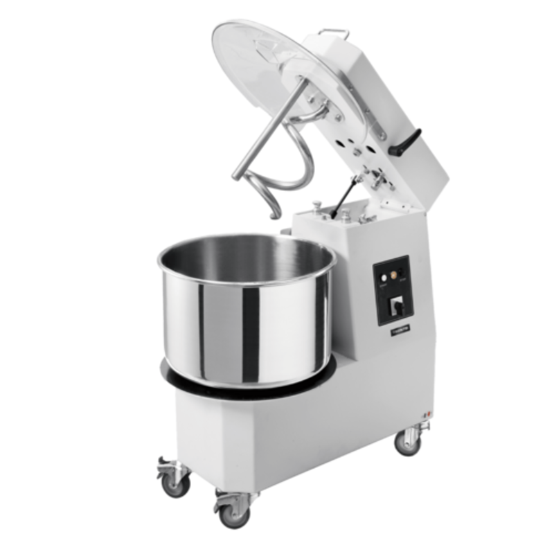 Alt Tag: TRENTO 47288 34 QT Commercial Heavy-Duty Spiral Dough Mixer with stainless bowl, spiral hook and lift-up head on casters