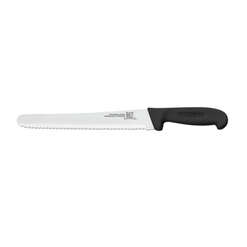 Alt Tag: Omcan 12452 10-Inch Curved Wave Edge Slicer Knife Black Handle with serrated curved blade and black handle