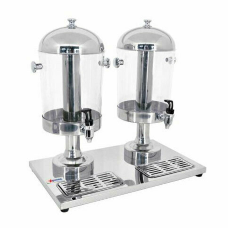 Alt Tag: OMCAN 19479 16 Quart Double Ice Cooled Juice Beverage Dispenser with dual clear tanks, silver base, and dispensing spigots