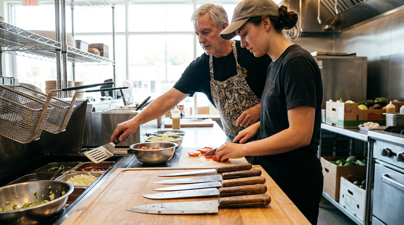 Chef training kitchen staff member in commercial kitchen, preparing ingredients and cooking on stovetop beside knives on prep table