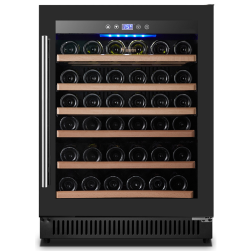 Alt Tag: OMCAN 48261 Vinovero 51 Bottle Capacity Reach-In Wine Refrigerator with black glass door, single zone cooling, wooden shelves