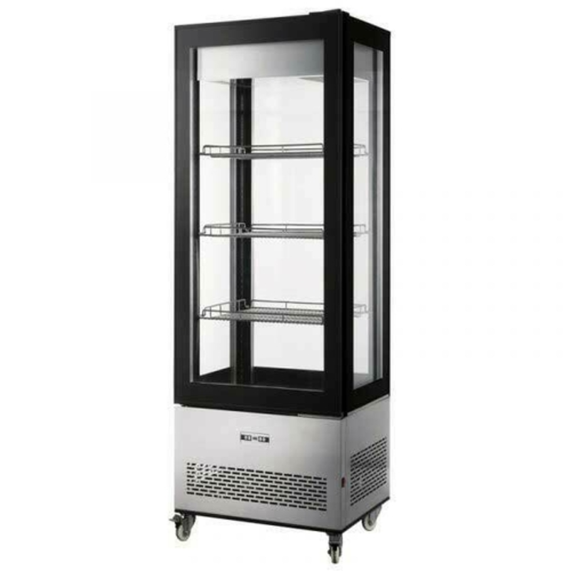 Omcan 44473 26 Inch Four-Sided Glass Refrigerated Display Case With Shelves And 360° Visibility