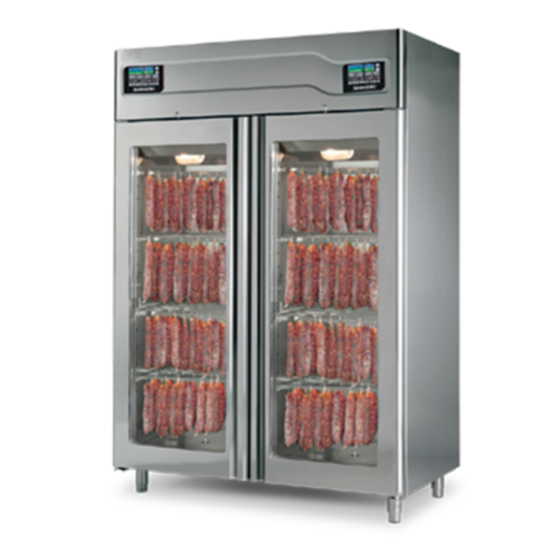 OMCAN 41262 57.48" Stagionello Two Door Meat Curing Cabinet With Two Glass Doors And Multiple Meat Products Inside