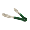 9-inch stainless steel utility tongs with green handles, ideal for food service applications.