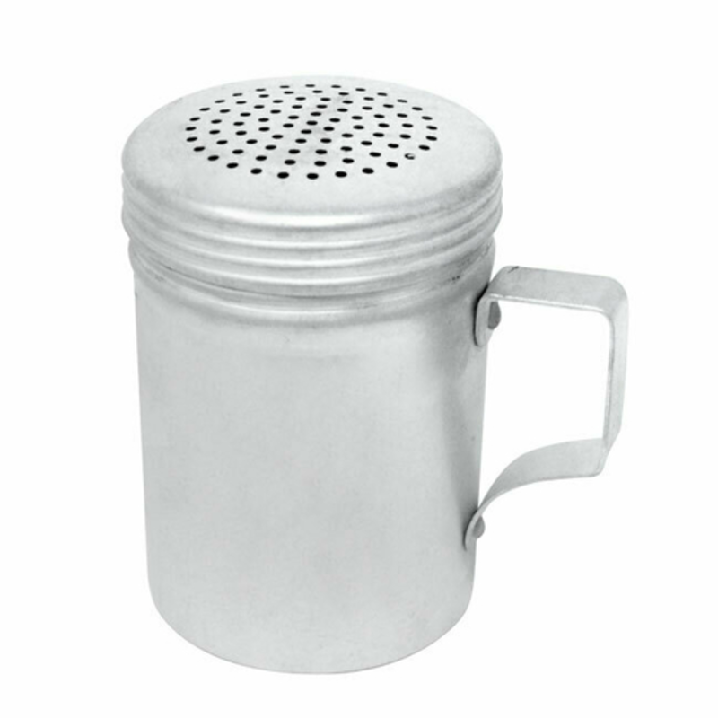 Omcan 80744 Small Stainless Steel Commercial Spice Dredge Shaker with perforated lid and side handle for seasoning and baking