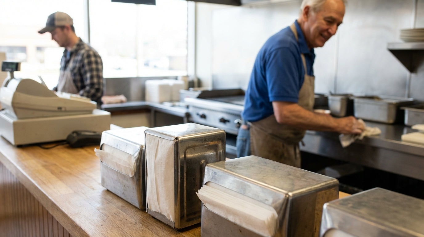 Restaurant kitchen staff cleaning stainless counter beside napkin dispensers, cook working near cash register