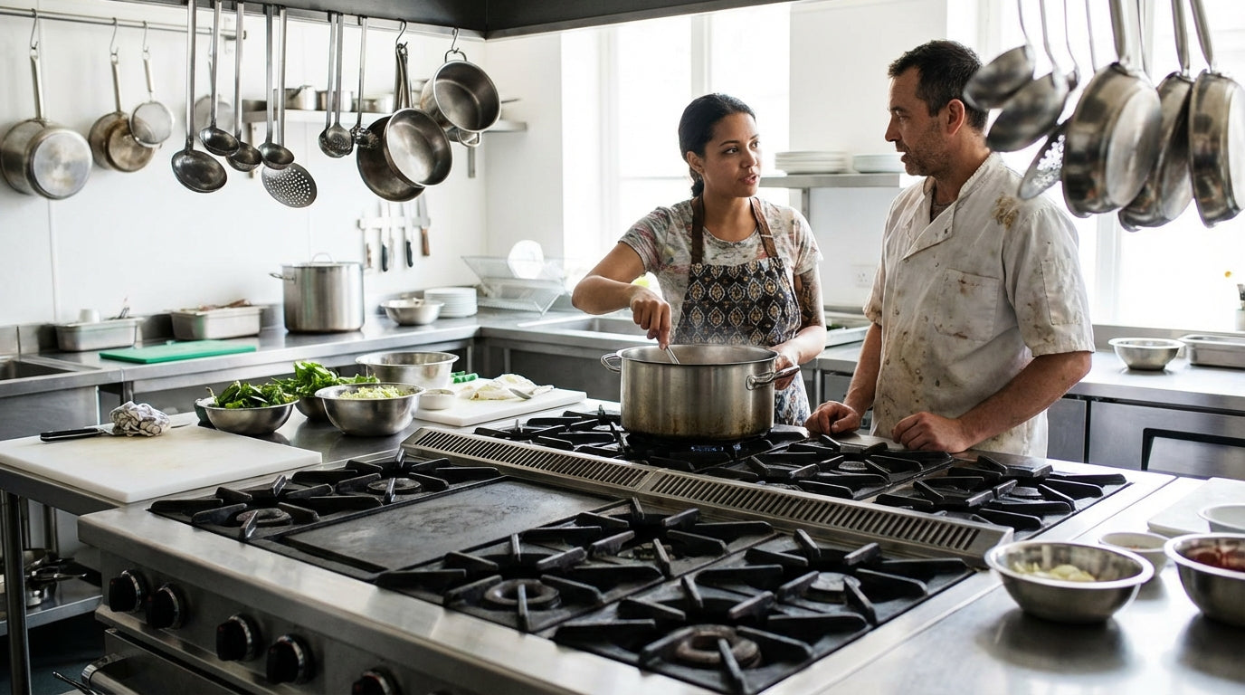 Two chefs cooking together in a professional commercial kitchen with stainless steel stovetop, hanging pots and pans
