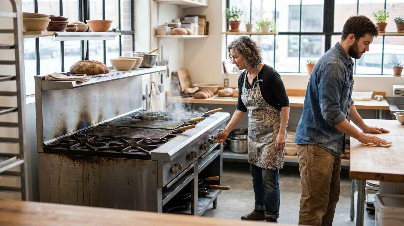 Bakers shaping dough in a bright artisan bakery kitchen with oven, shelves of bread and bowls