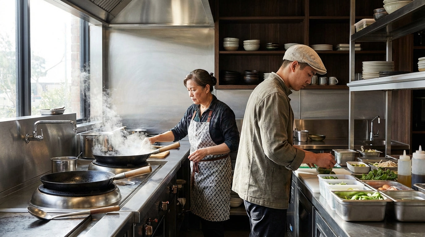 Professional restaurant kitchen staff cooking at stovetop and prepping ingredients on stainless steel counter
