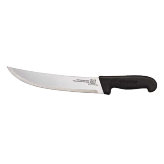 Alt Tag: Omcan 12250 12-Inch Professional Steak Knife with Black Polypropylene Handle, curved stainless steel blade and black handle