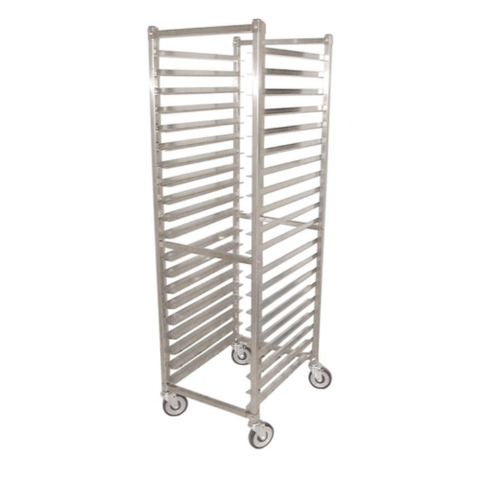 Alt Tag: OMCAN 23834 20 Pan Capacity Stainless Steel Square Top Rack on casters, commercial sheet pan storage and transport rack