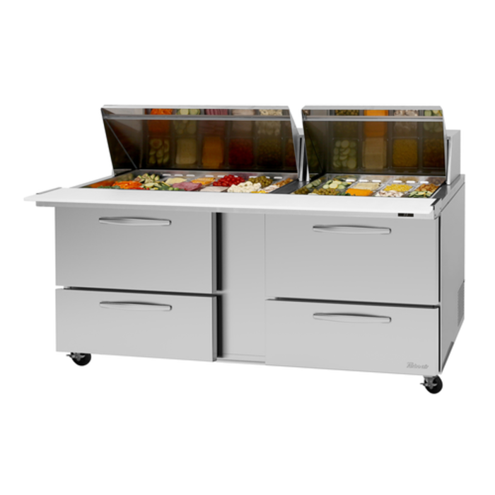 Table de préparation Mega Top Turbo Air PST-72-30-D4-N-SL de 72-5/8" (184,5 cm) de largeur