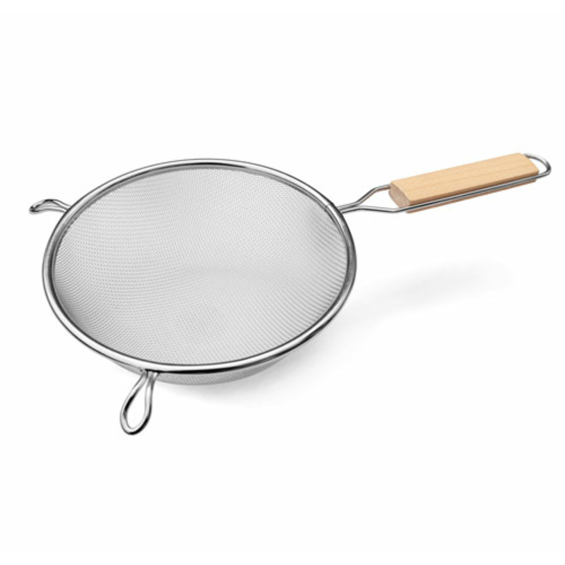 Alt Tag: Omcan 80940 8.25-inch Tinned Double Mesh Strainer Wood Handle with wooden handle fine mesh sieve for sifting and straining