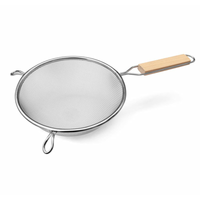Alt Tag: Omcan 80940 8.25-inch Tinned Double Mesh Strainer Wood Handle with wooden handle fine mesh sieve for sifting and straining