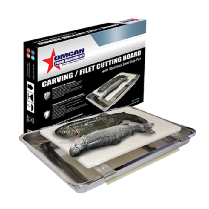 Omcan 28355 White Polyethylene NSF Certified Cutting Board 18 x 24 with carving/fillet tray set and fish prep surface